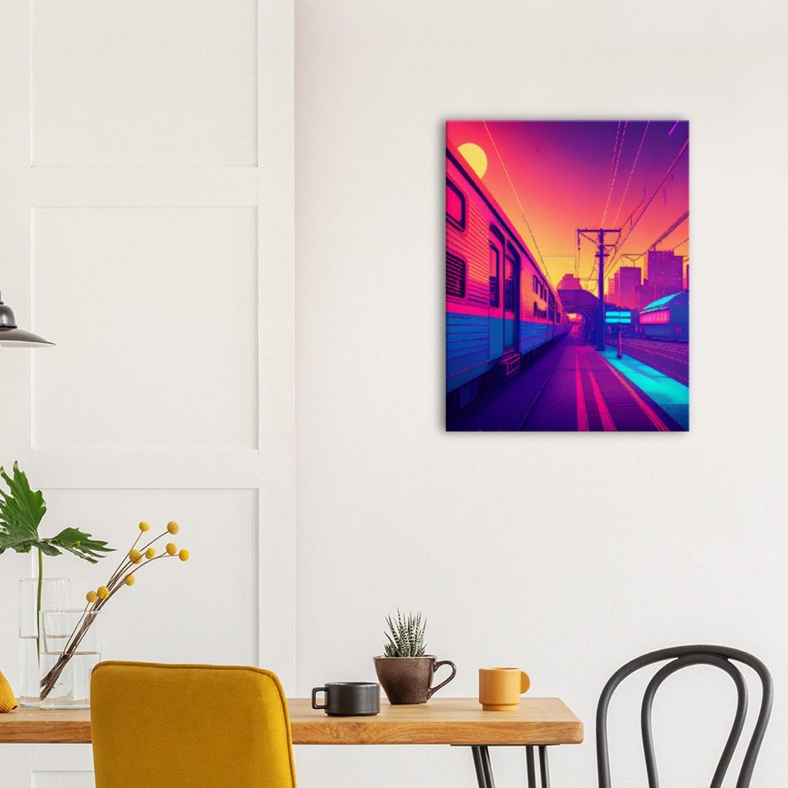 Neon Train Station Sunset Synthwave Retro Travel Scene Art Poster - Image 3