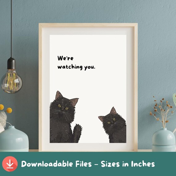 We're Watching You Two Funny Black Cats Whimsical Animal Poster