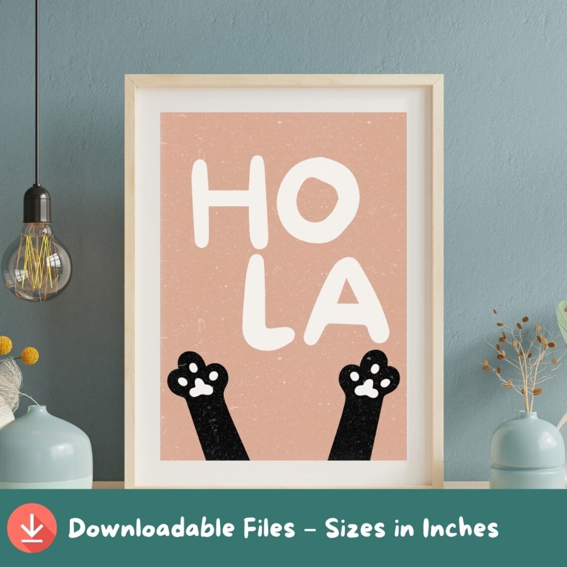 Hola Cute Cat Paws Up Playful Pink Kitty Spanish Quote Wall Art
