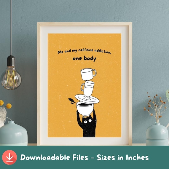 Funny Caffeine Addiction Black Cat Balancing Cups Mustard Quote Poster
