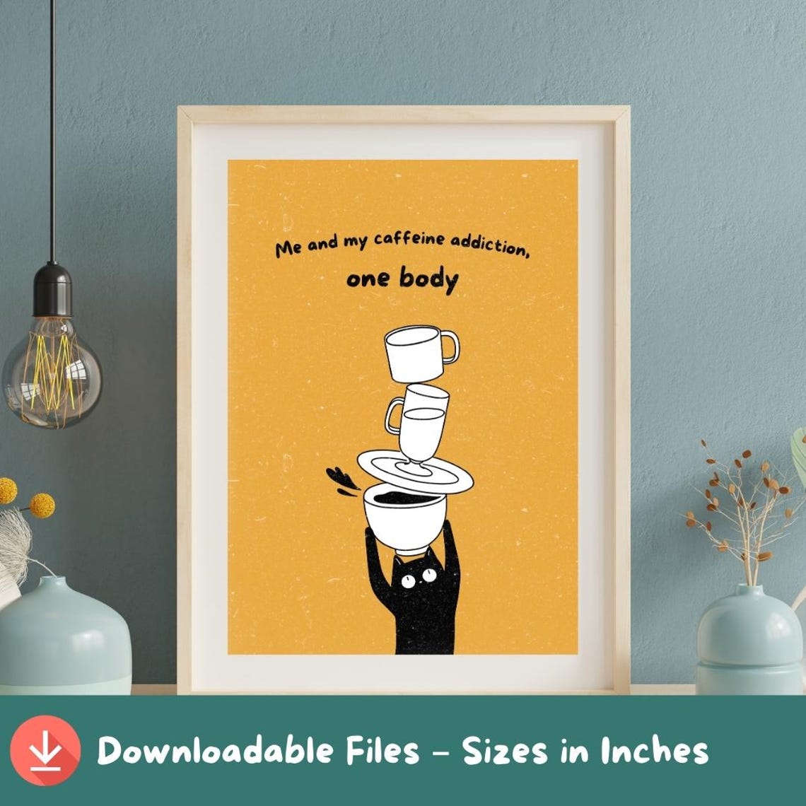 Funny Caffeine Addiction Black Cat Balancing Cups Mustard Quote Poster
