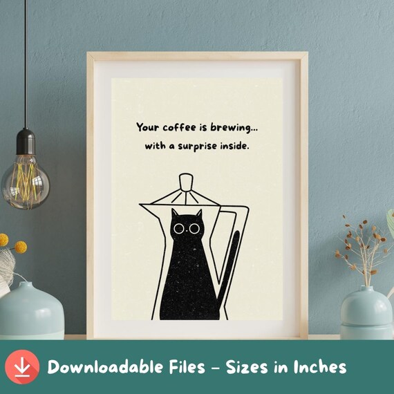 Funny Black Cat Moka Pot Coffee Brewing Surprise Kitchen Poster