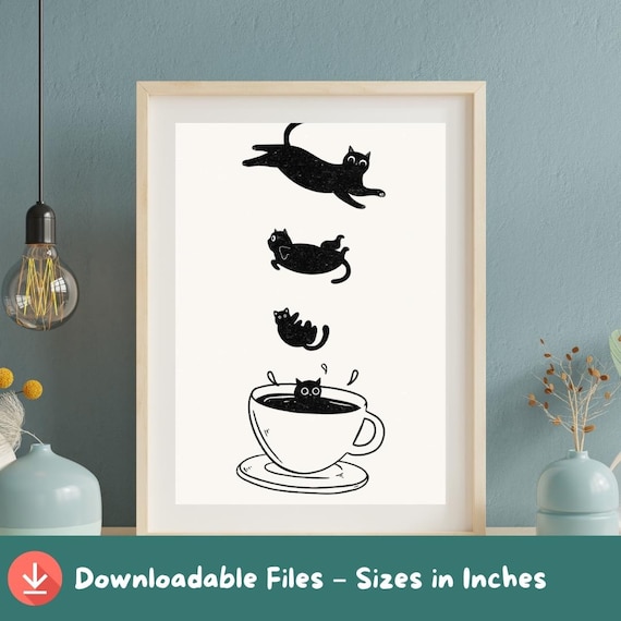 Black Cats Falling Into Coffee Cup Whimsical Kitchen Art Poster