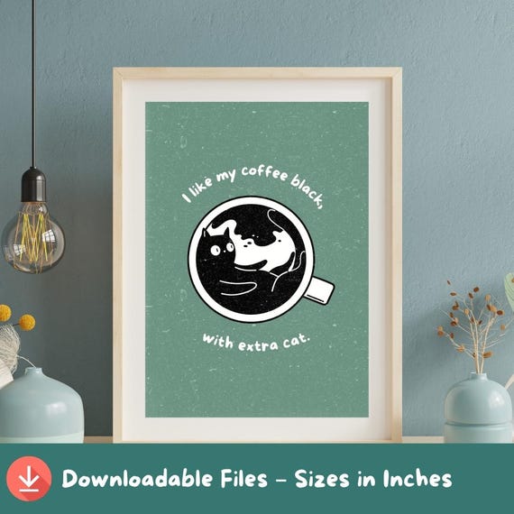 Funny Black Cat Coffee Art Print Kawaii Lover Gift A2a5 Sizes
