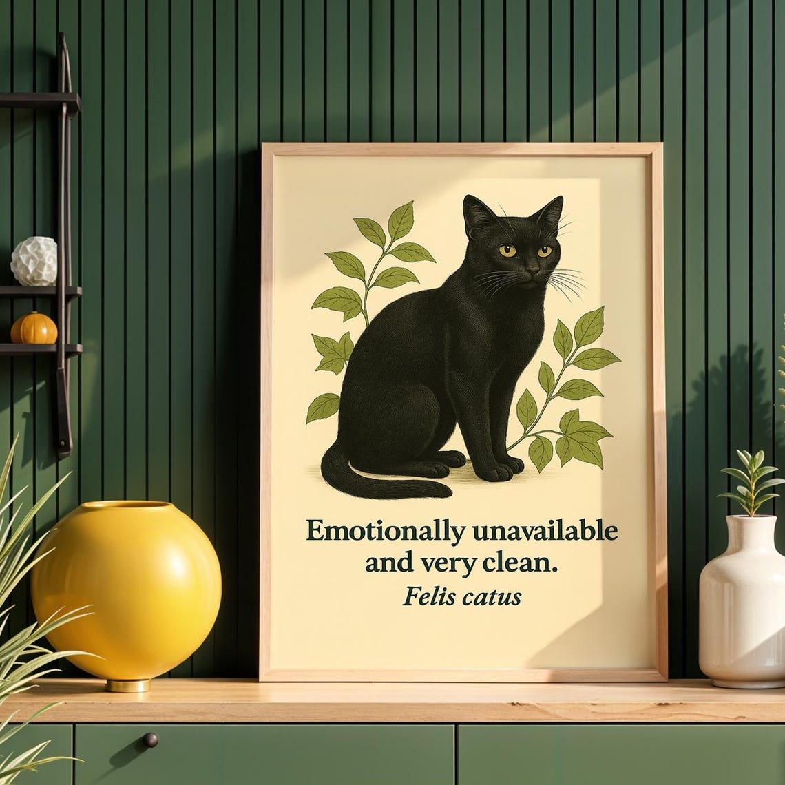 Black Cat Art Print, Botanical Decor