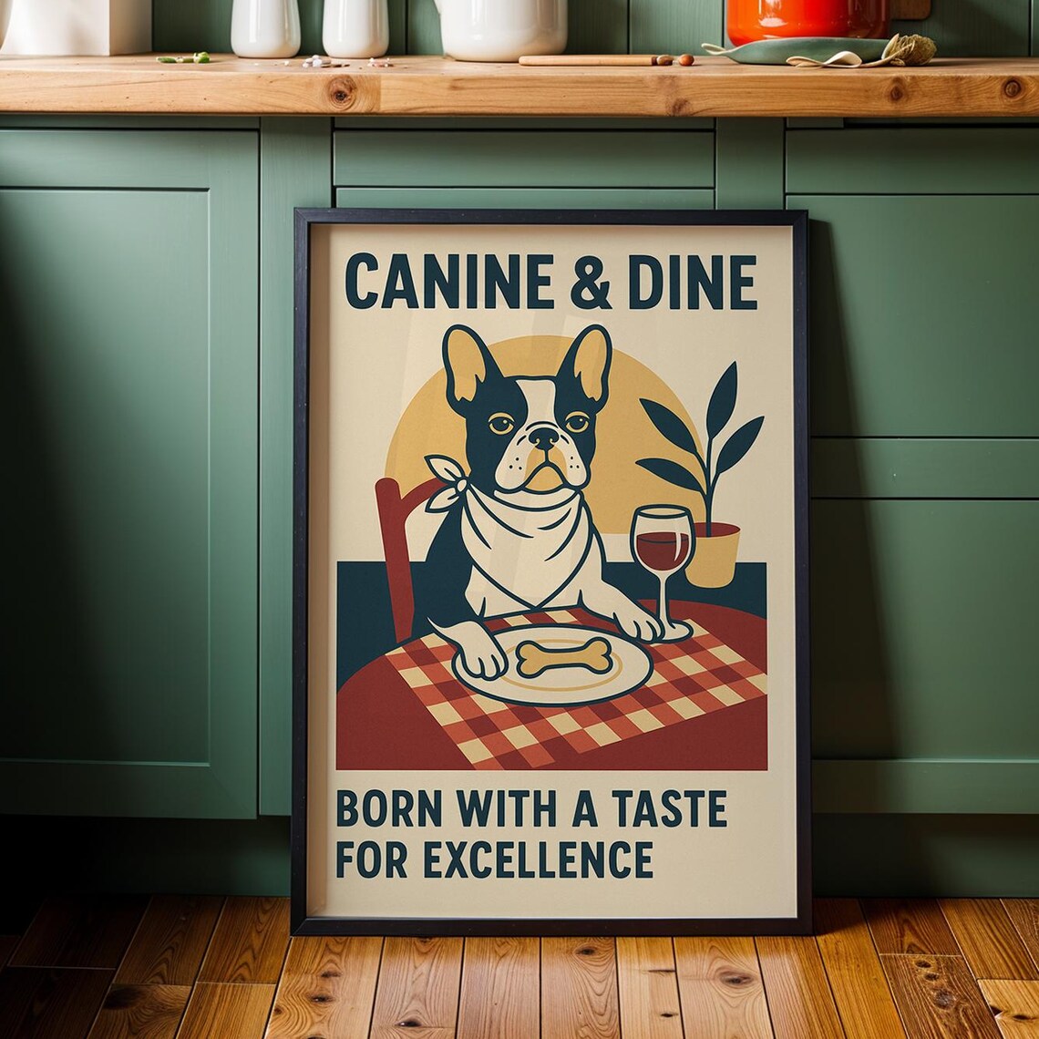French Bulldog Canine Dine Funny Retro Restaurant Wine Dog Poster