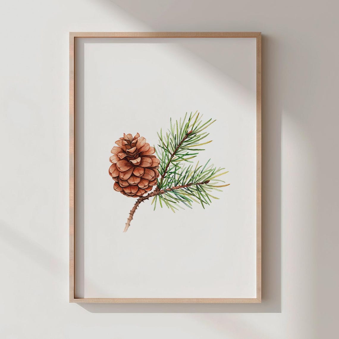 Watercolor Pine Cone on Evergreen Branch Rustic Christmas Print