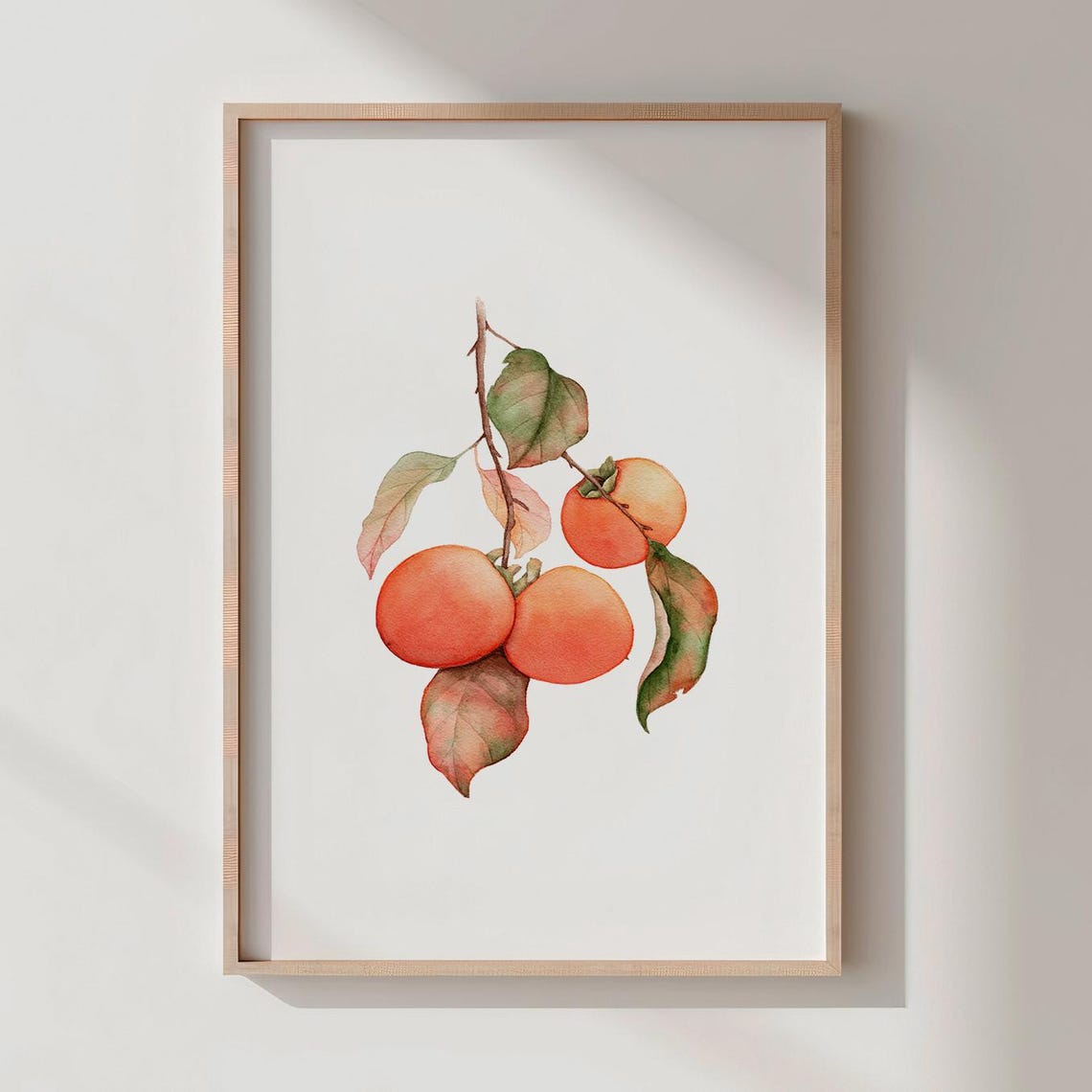Ripe Persimmons on Branch Watercolor Autumn Fruit Print for Kitchen
