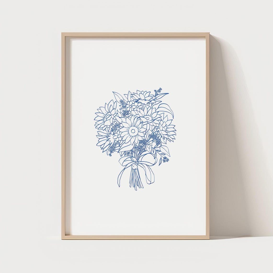 Blue Line Art Sunflower Bouquet Minimalist Botanical Flower Poster