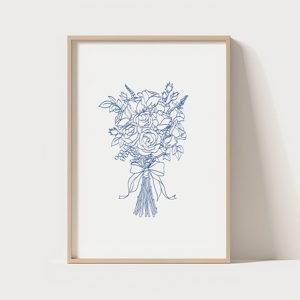 Blue Line Art Floral Bouquet Minimalist Botanical Sketch Wall Art