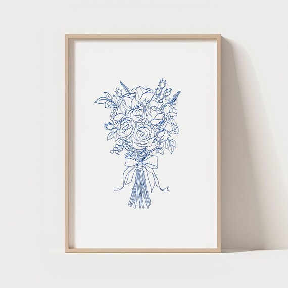 Blue Floral Line Art Print Botanical Bouquet Wall Decor