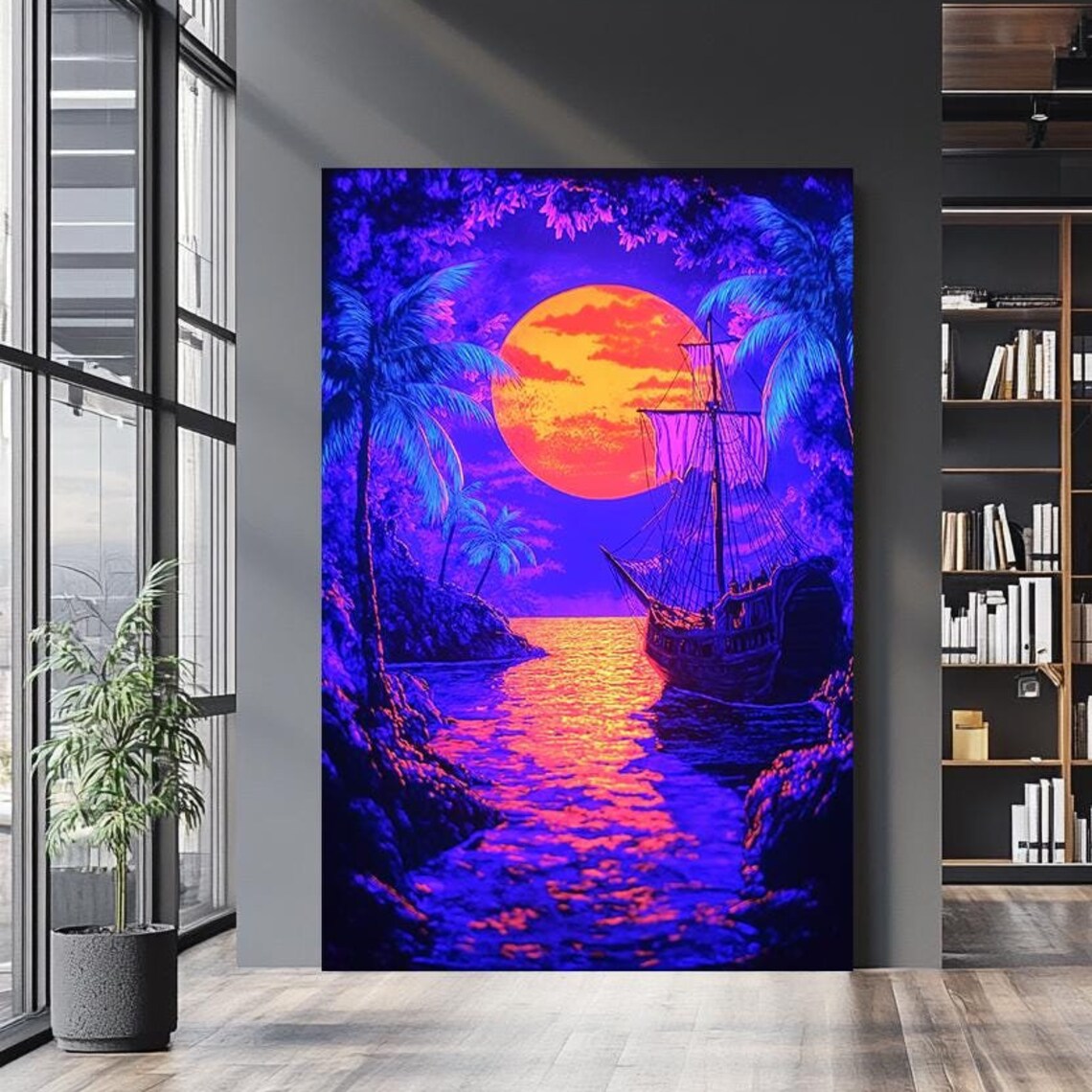 Neon Pirate Ship Sunset Ocean Moon Glow Tropical Retro Art Poster