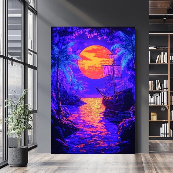 Neon Sunset Ship Wall Art Vibrant Tropical Glow In The Dark Ocean Scene Retro Aesthetic Poster Nautical Decor Gift