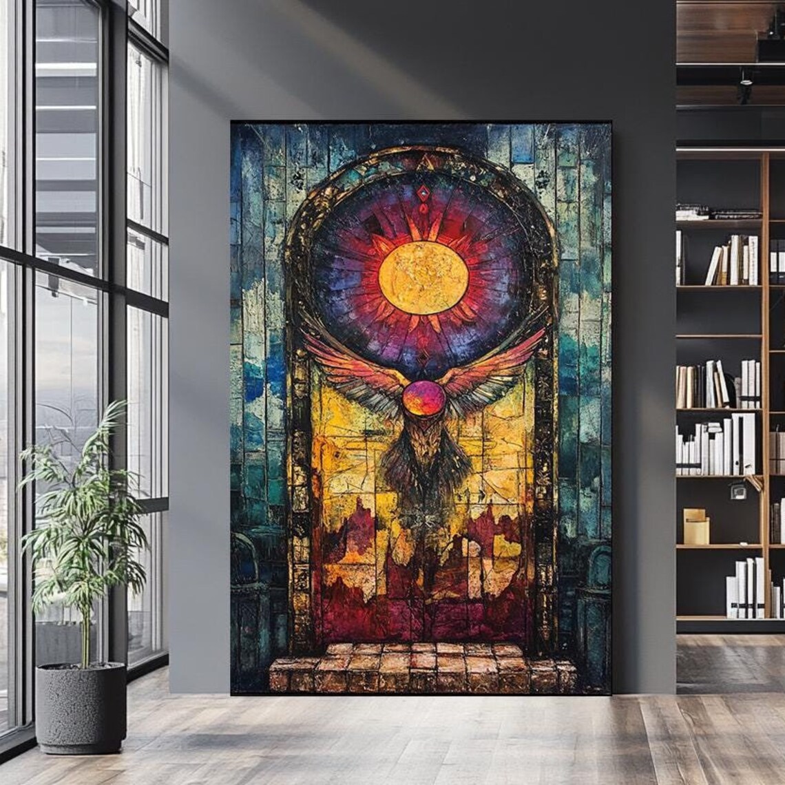 Mystical Sun And Wings Archway Stained Glass Vibrant Mosaic Wall Art