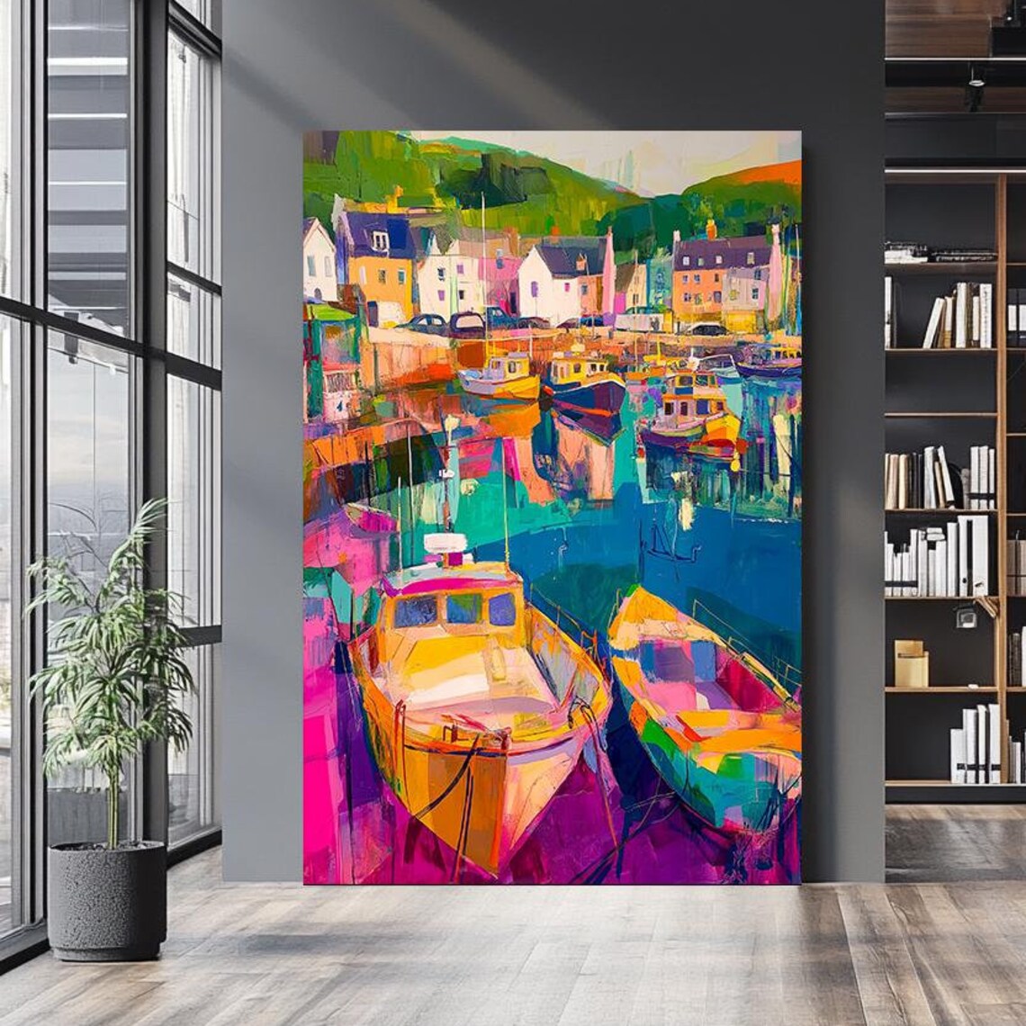 Colorful Harbor Boats Coastal Village Vibrant Nautical Travel Poster