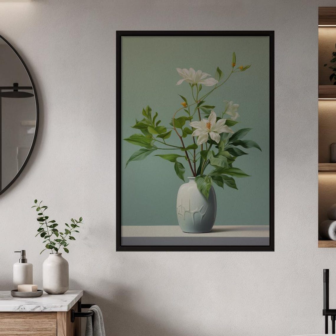 White Clematis Flowers Vase Botanical Still Life Sage Wall Art