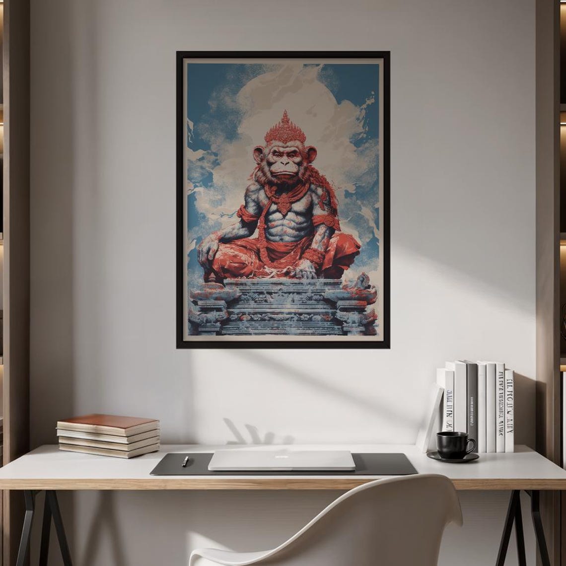 Majestic Hanuman Hindu Deity Seated Red Blue Textured Spiritual Poster