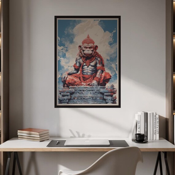 Majestic Guardian Hanuman Art Print Hindu Deity Wall Spiritual Monkey Poster Ancient Wisdom Decor South Asian Textured