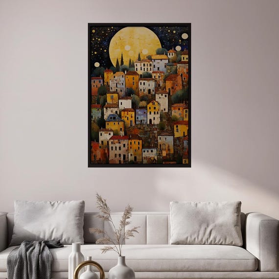 Moonlit Village Art Print Whimsical Textured Painting Poster Vibrant Full Moon Night Sky Wall Decor Dreamy Enchanting Home Accent