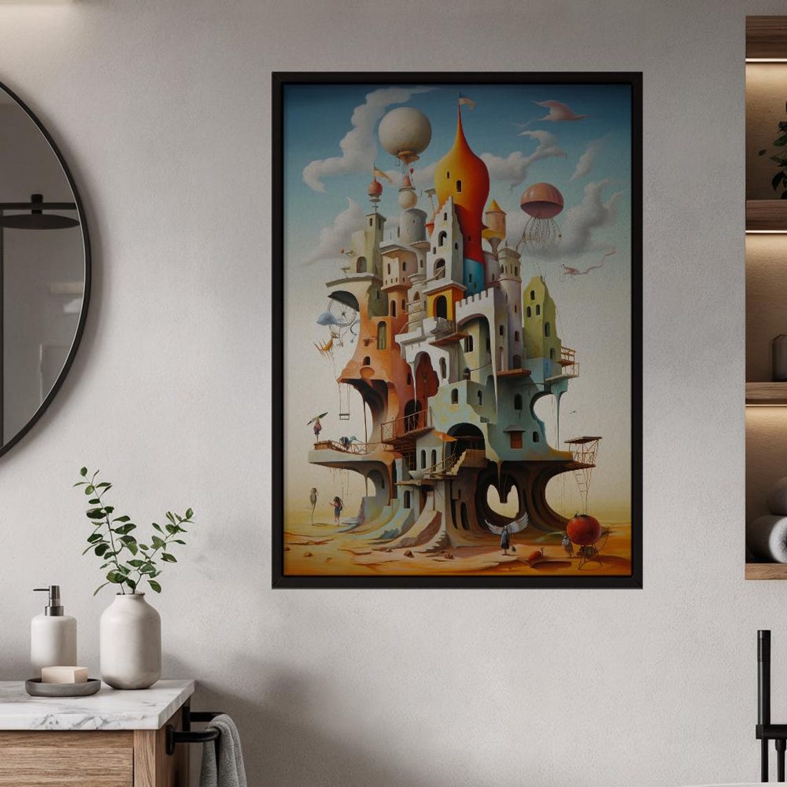 Whimsical Floating Castle with Hot Air Balloons Fantasy Poster