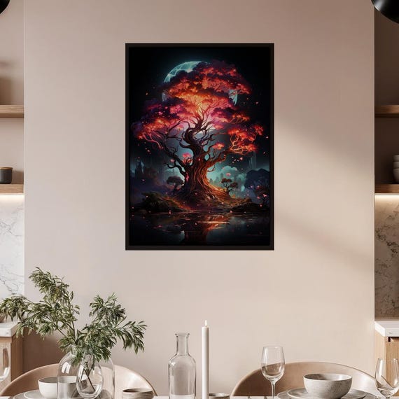 Enchanted Glow Tree Art Poster Mystical Fantasy Landscape Print Vibrant Fiery Foliage Cyan Moon Reflection Surreal Nature Wall Decor