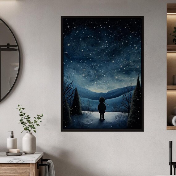 Starry Night Winter Landscape Poster Whimsical Watercolor Celestial Wall Art Print Dreamy Contemplative Bedroom Nursery Decor Gift