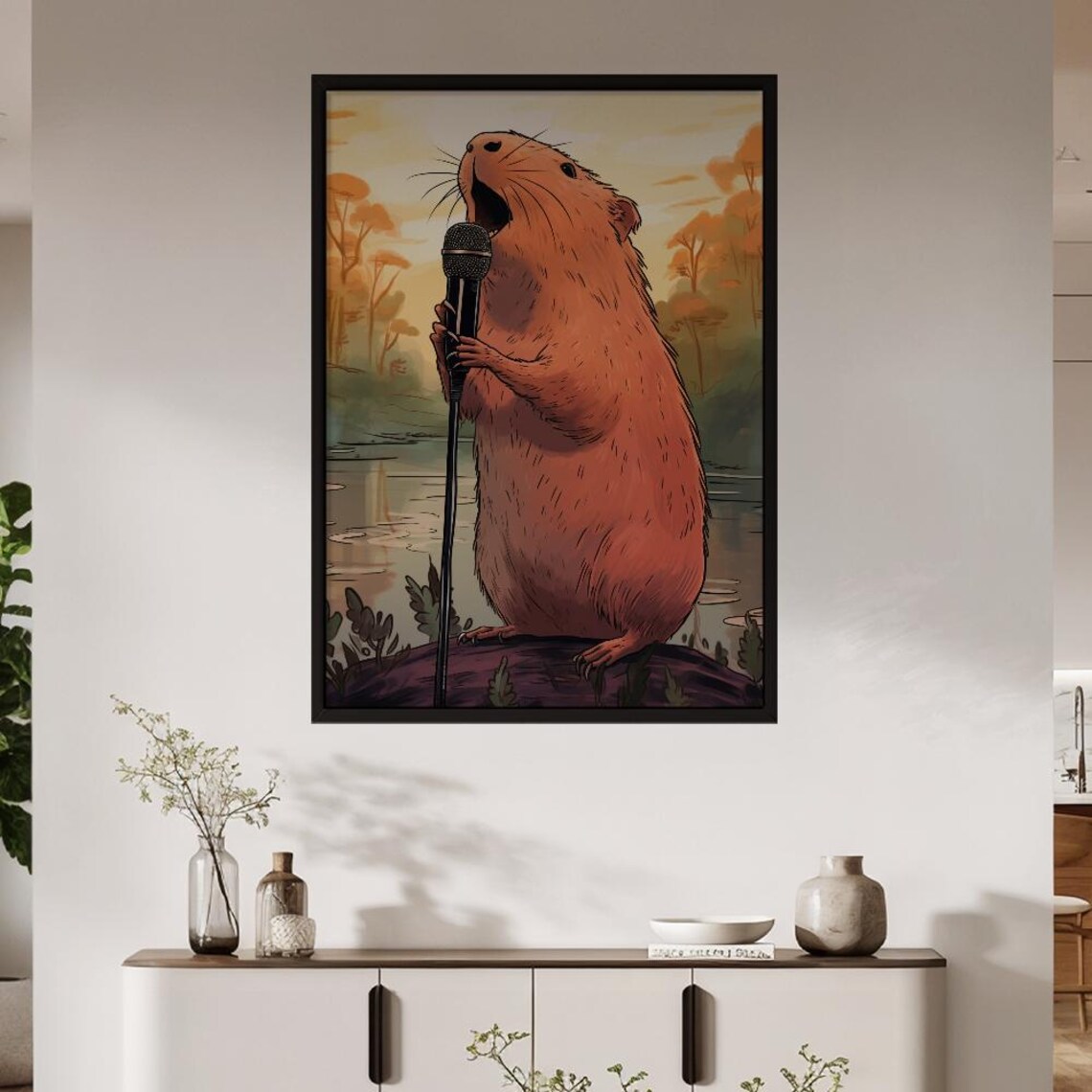 Singing Capybara Art Print Funny Microphone Music Lover Quirky Animal Decor