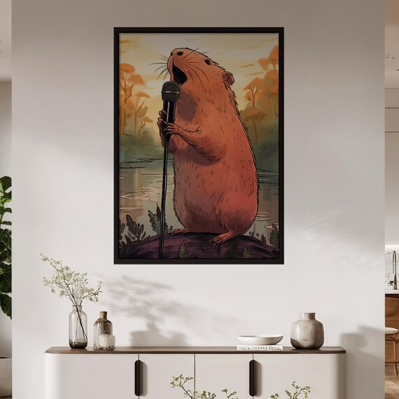 Singing Capybara Art Print Funny Microphone Music Lover Quirky Animal Decor