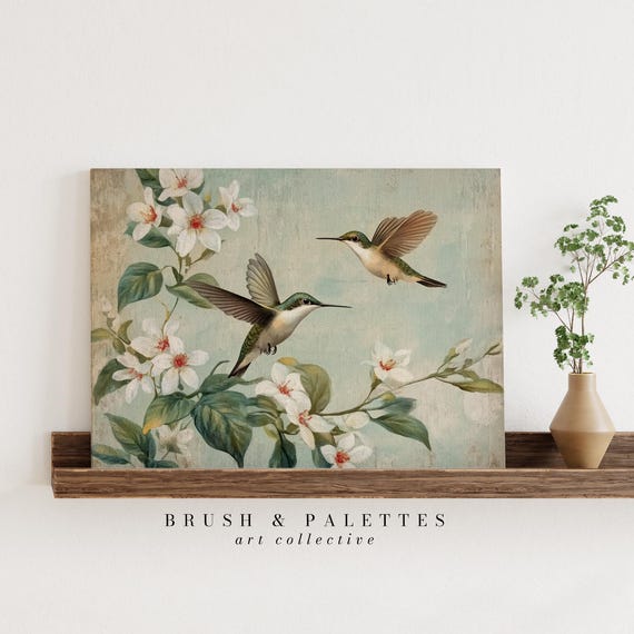 Hummingbirds and White Blossoms Vintage Botanical Art Print