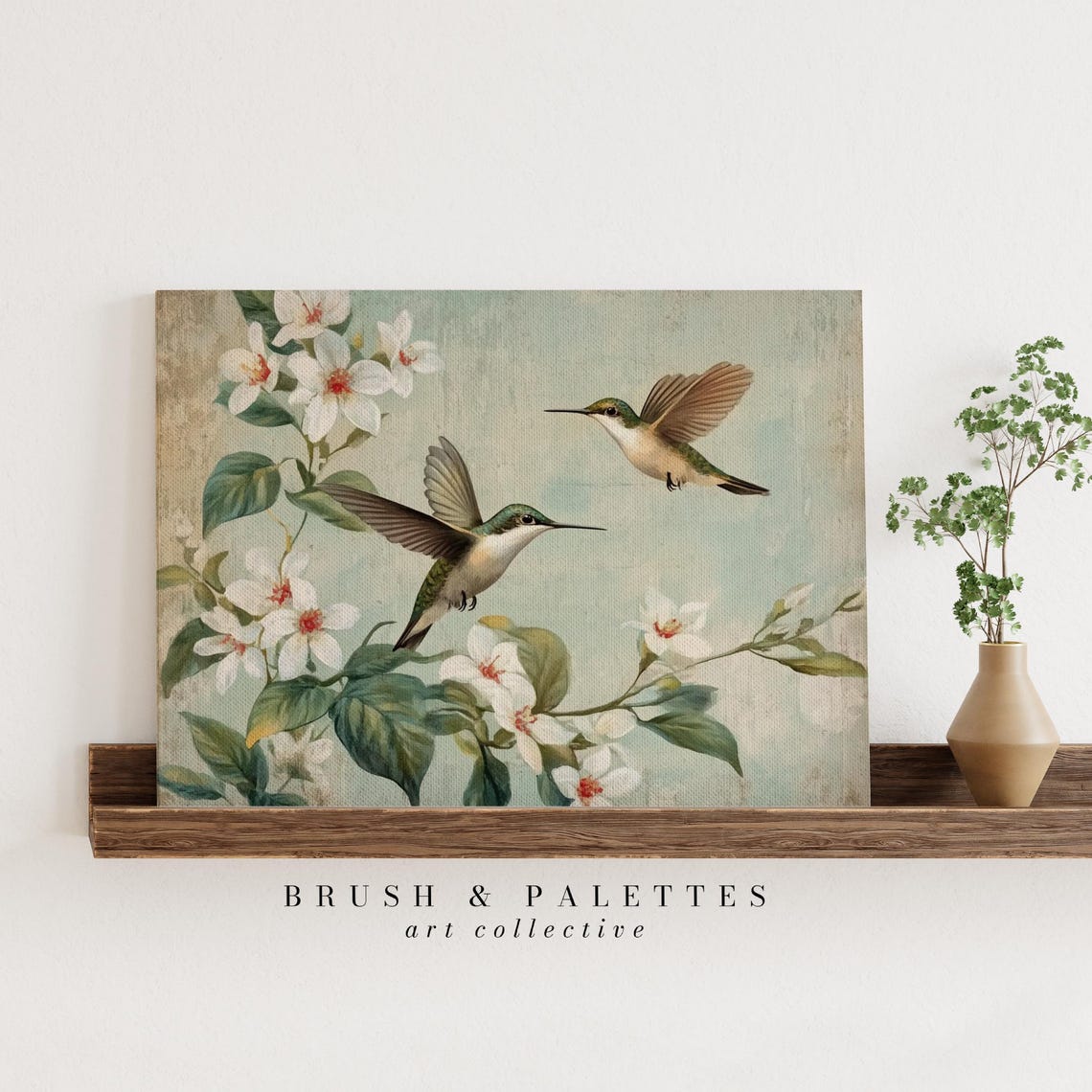 Hummingbirds and White Blossoms Vintage Botanical Art Print