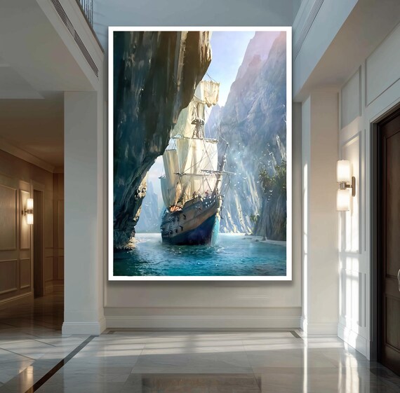 Tall Sailing Ship Between Rocky Cliffs Dramatic Ocean Voyage Poster