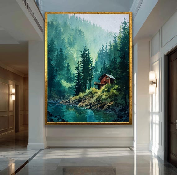 Nature Cabin Canvas Wall Art Scenic Forest Landscape Painting Decor For Living Room Office Home