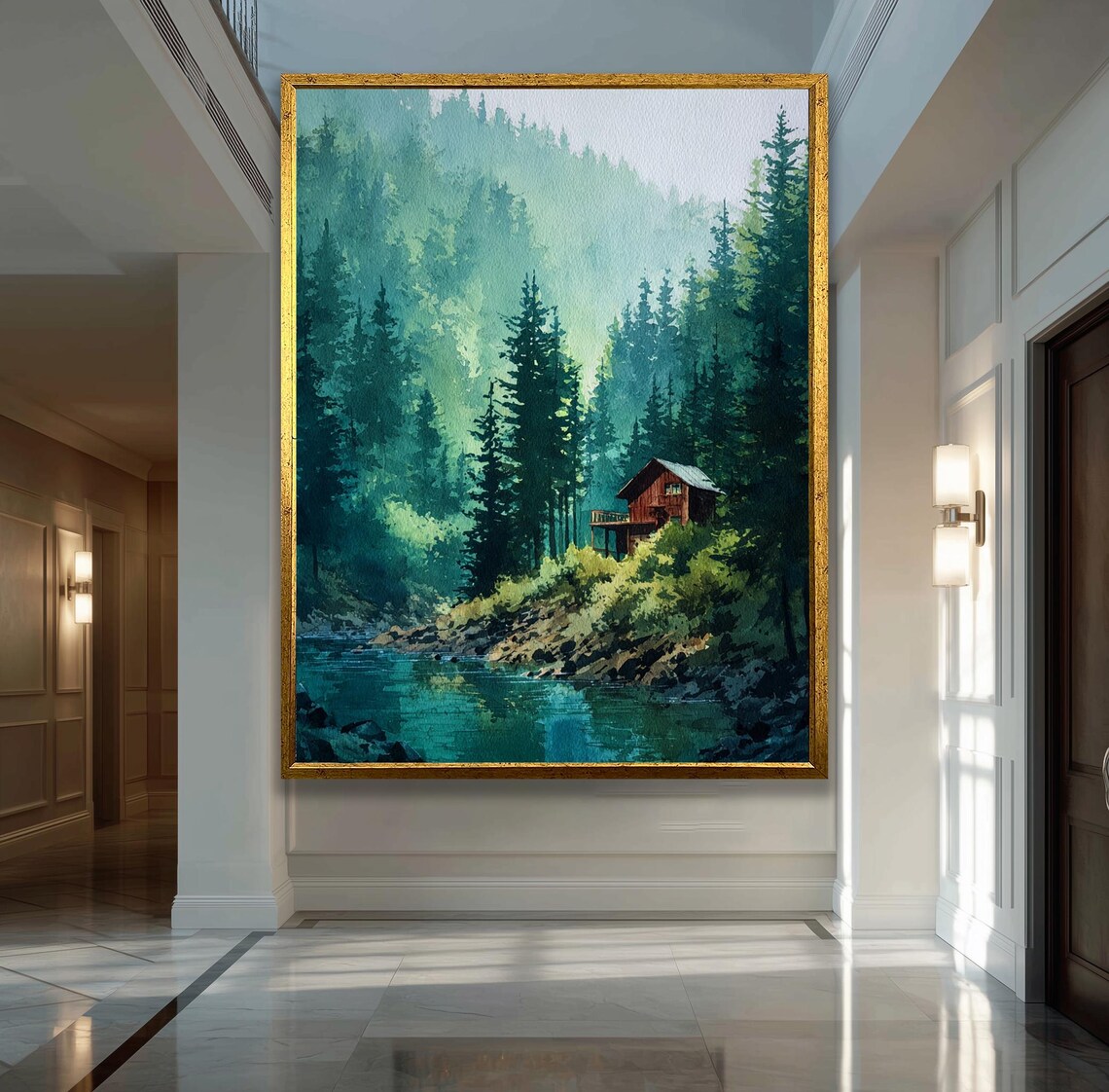 Misty Forest Lake Cabin Painting Poster Nature Landscape Decor