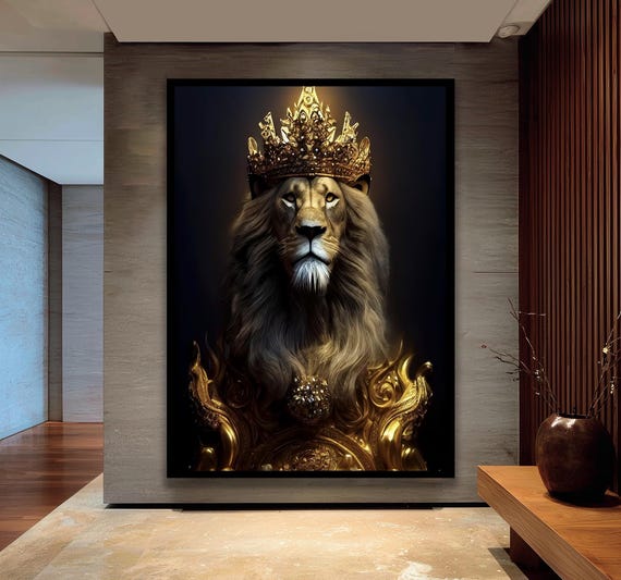 Lion With A Crown Wall Art Dapper Animal Painting Regal Home Decor