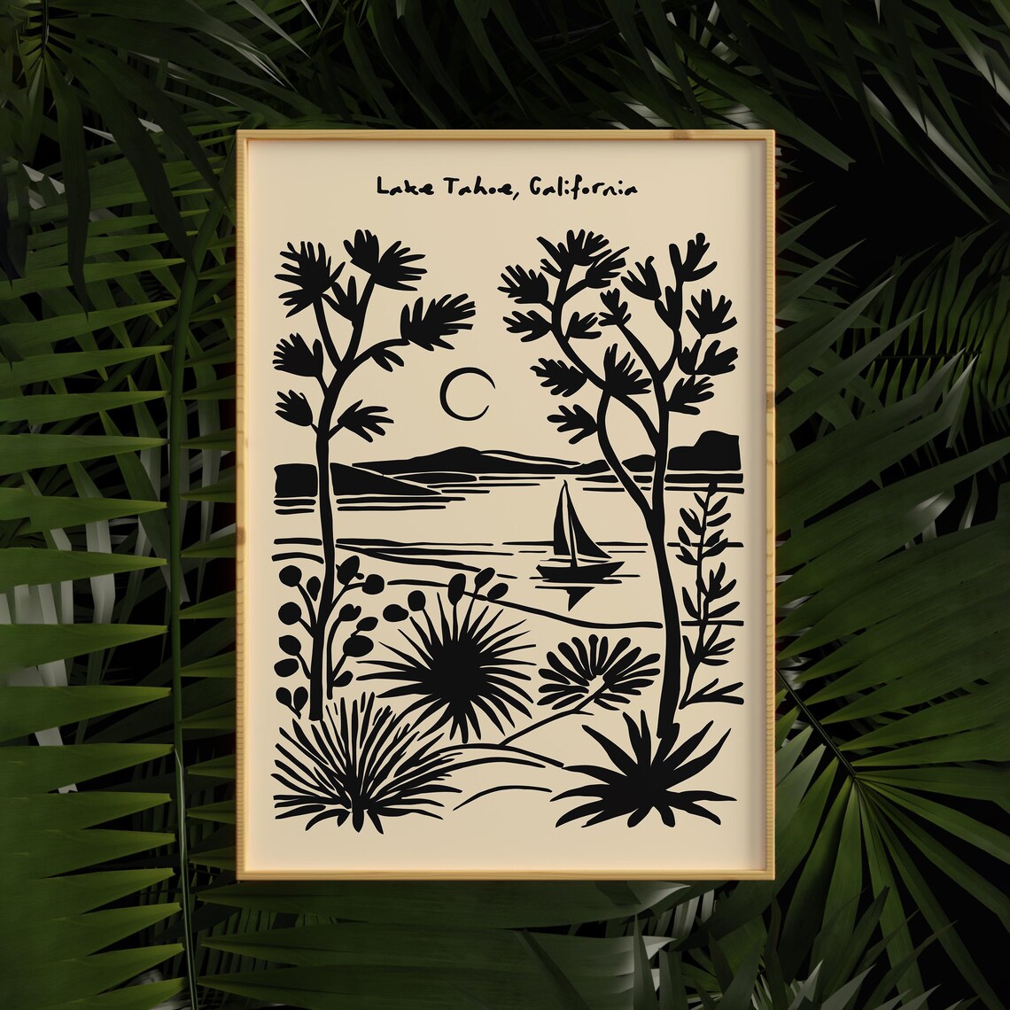 Lake Tahoe California Sailboat Black White Vintage Travel Poster