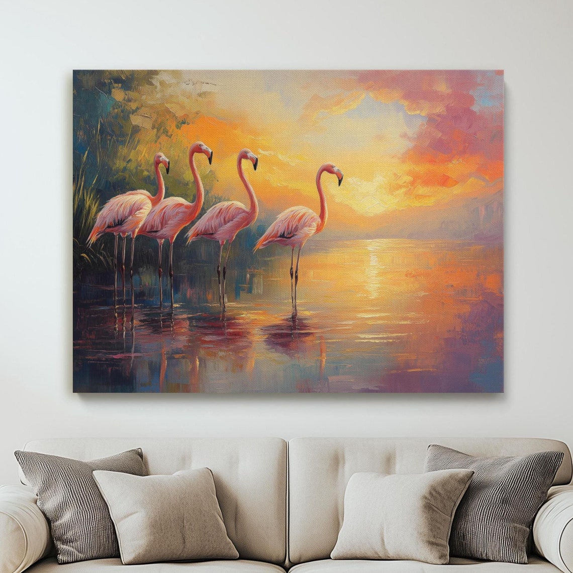 Flamingos At Sunset Lagoon Pink Wildlife Elegant Oil Painting Poster