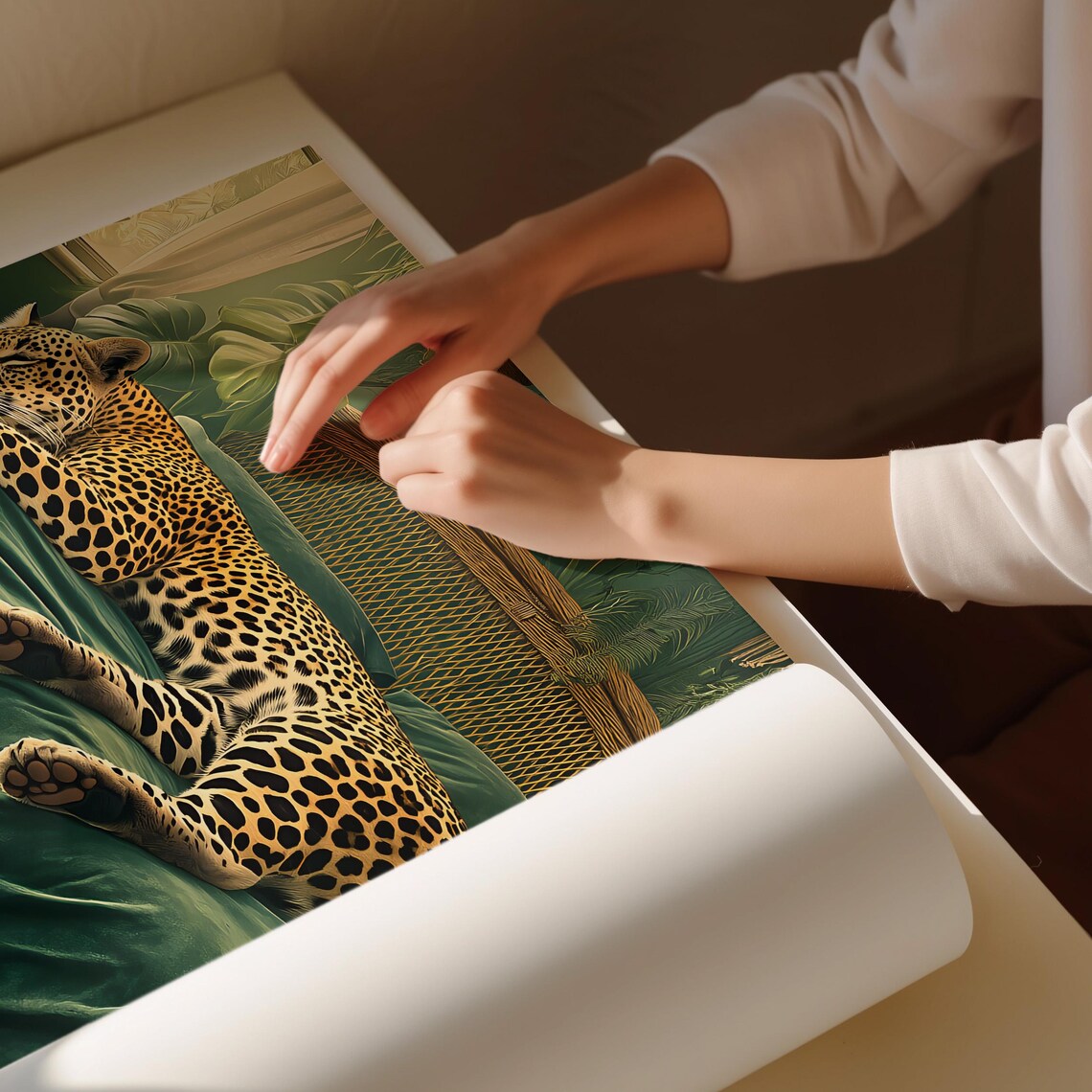 Leopard Art Print, Green Boho Bedroom Decor - Image 3