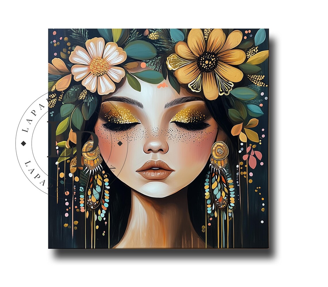 Woman Face Gold Glitter Closed Eyes Floral Crown Modern Poster - Image 2