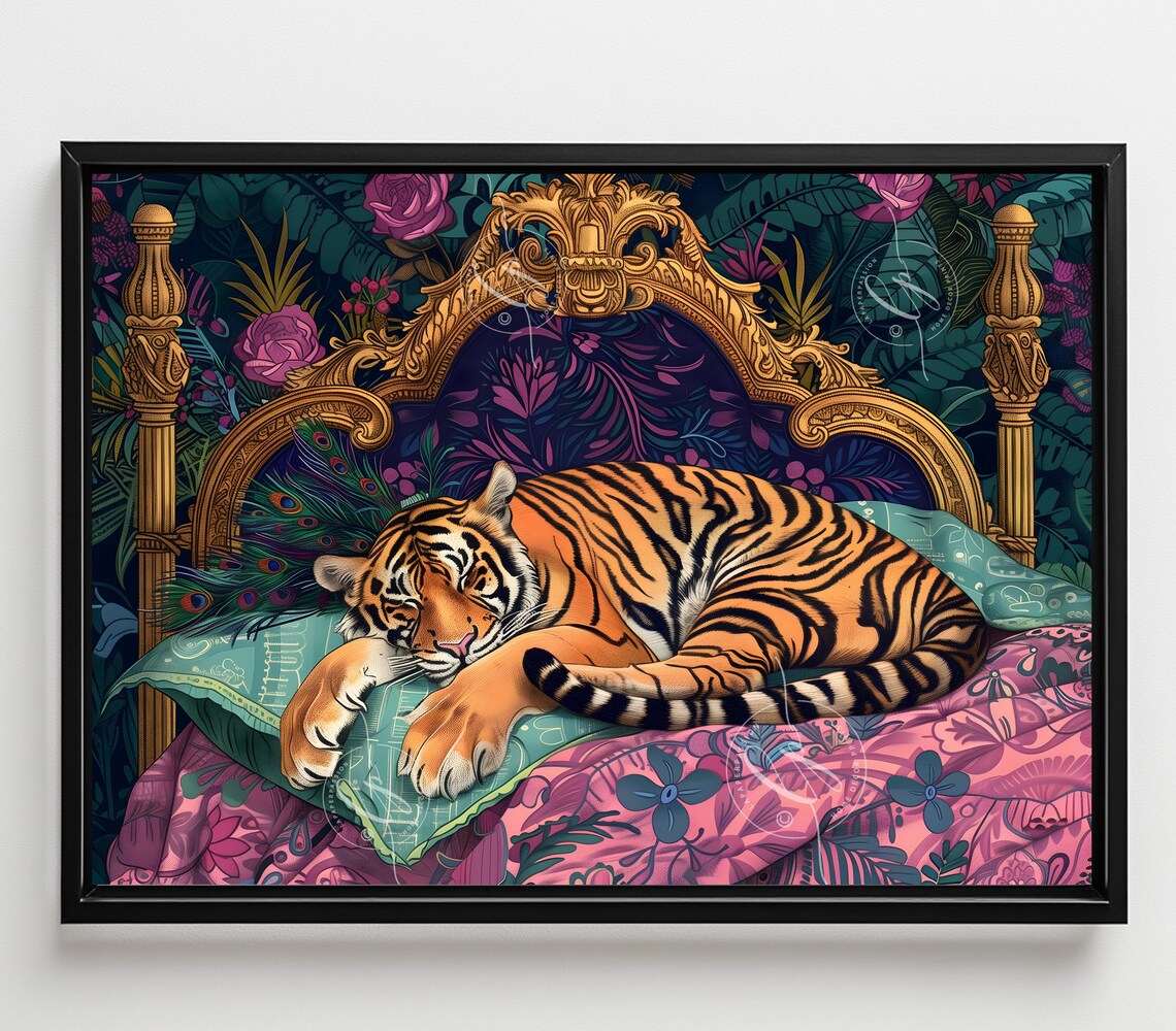 Sleeping Tiger in a Vintage Bed, Maximalist Jungle - Image 4