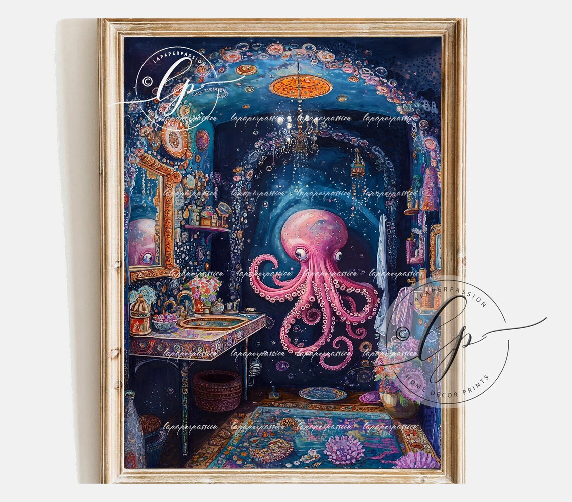 Octopus In A Shower, Maximalist Bathroom Art Print