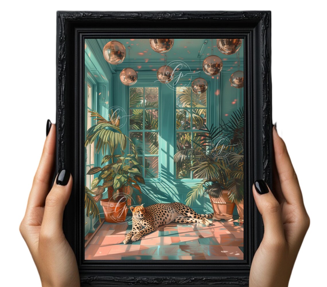 Cheetah Lounging Teal Sunroom Hanging Disco Balls Palm Wall Art - Image 3
