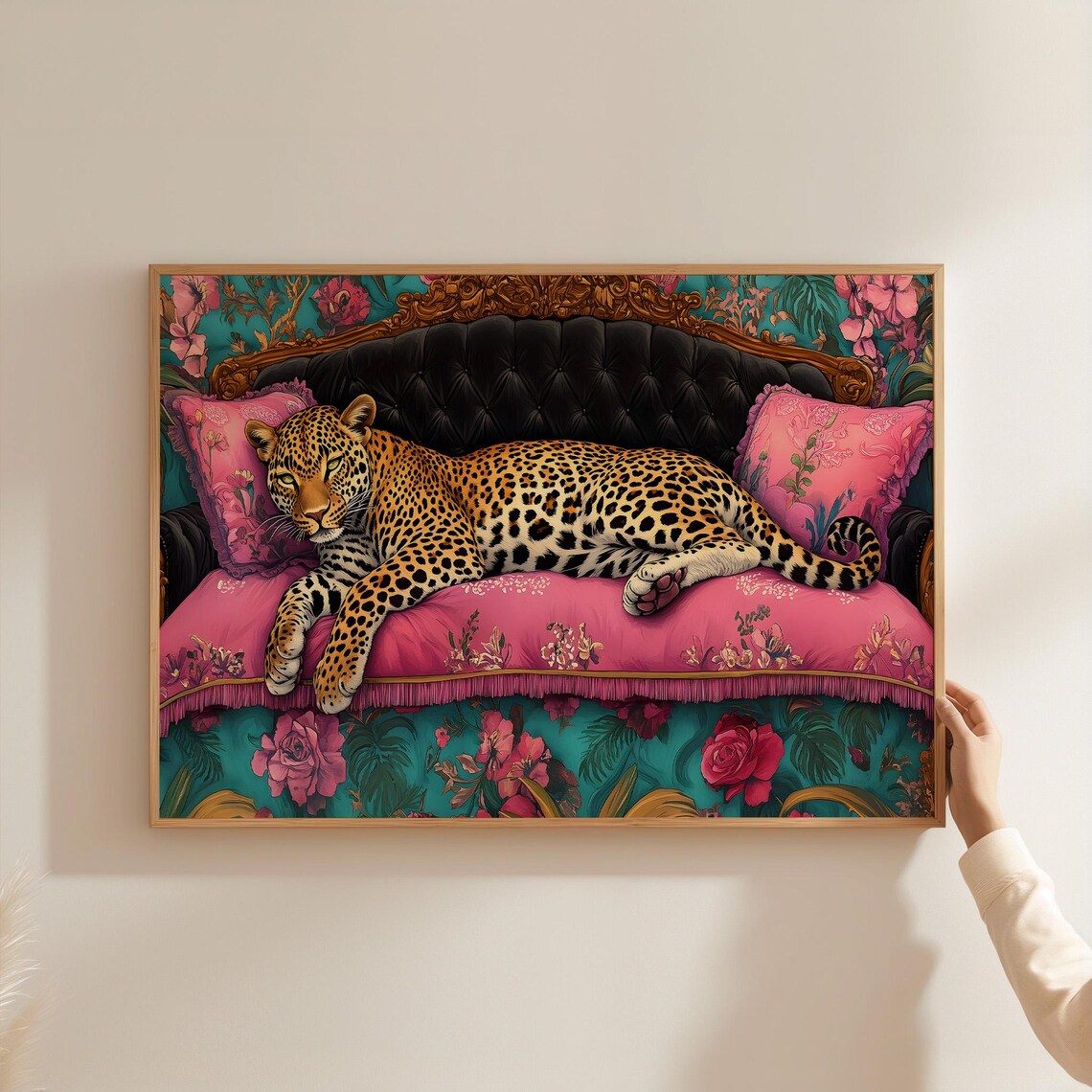 Leopard Reclining Pink Floral Settee Boho Maximalist Decor Poster - Image 3