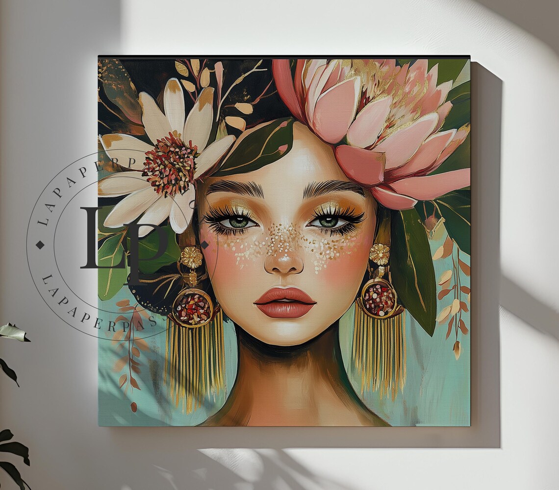 Woman Face Gold Eyeshadow Floral Crown Modern Boho Female Poster - Image 4