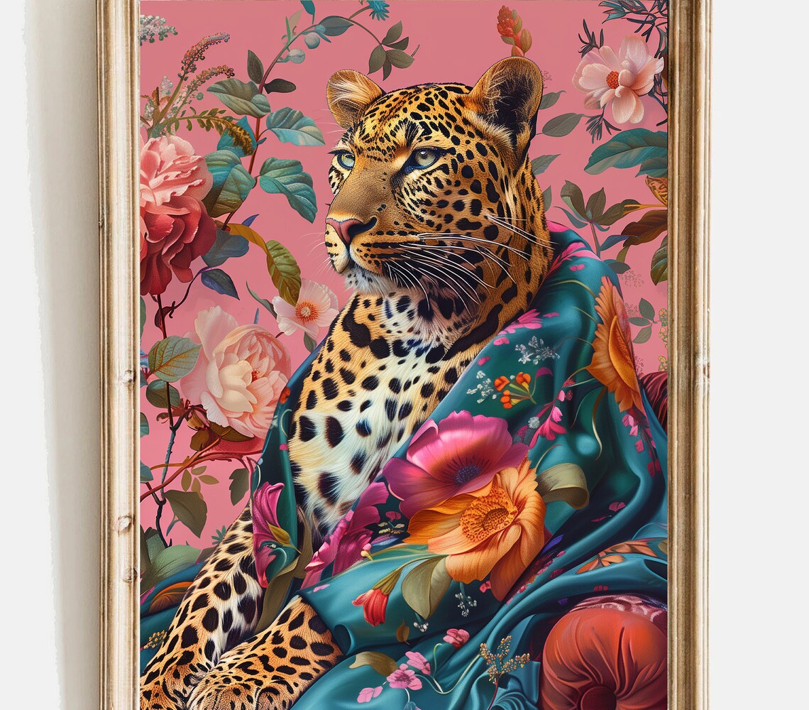 Bold Leopard Portrait With Floral Scarf Pink Maximalist Wall Art - Image 3