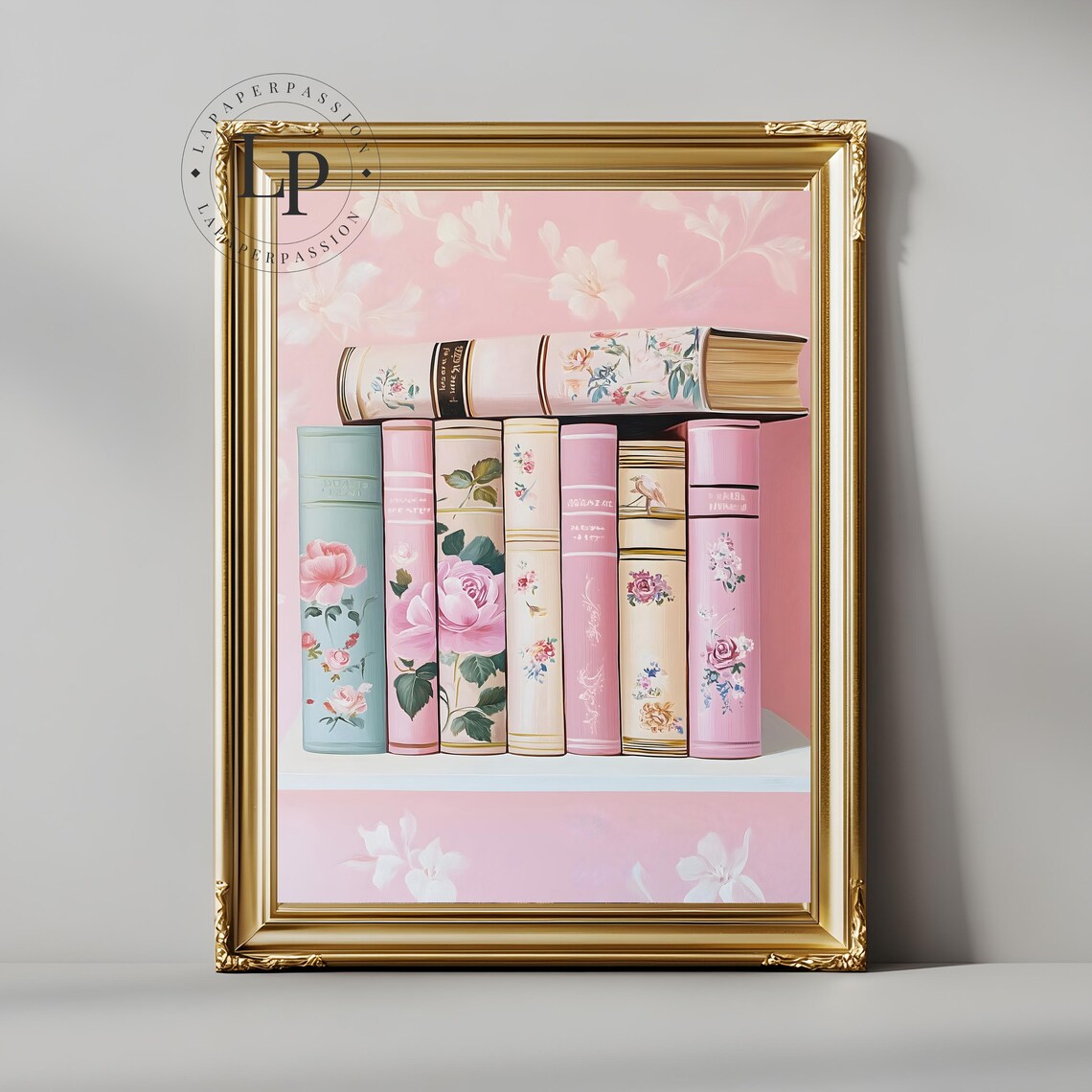 Pink Romantic Floral Book Stack with Rose Covered Spines Poster - Image 3