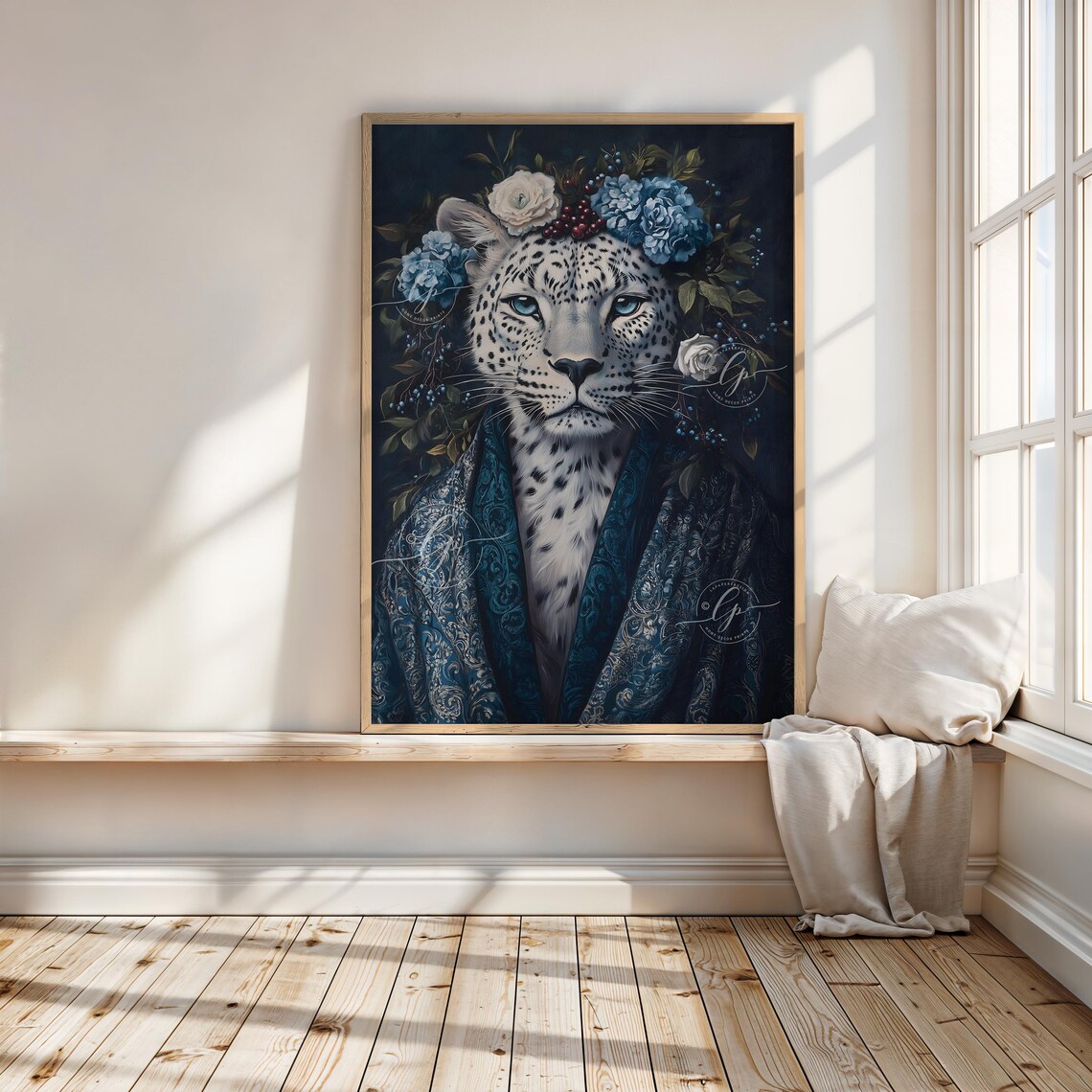 Snow Leopard Blue Floral Crown Midnight Cloak Elegant Portrait Print - Image 3