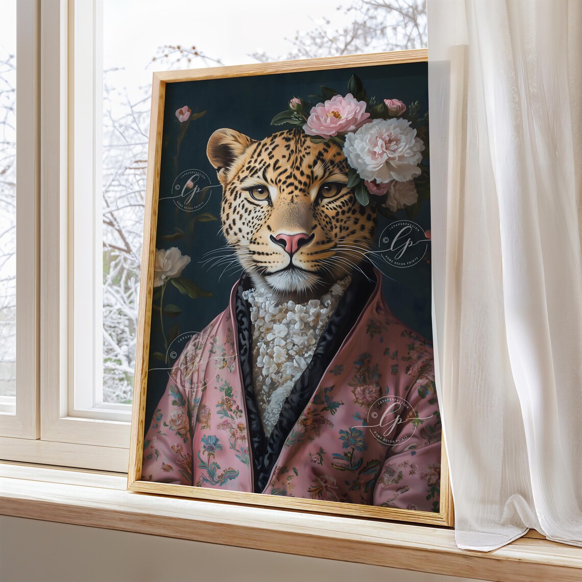 Leopard Portrait Pink Floral Robe Crown Dark Maximalist Poster - Image 4