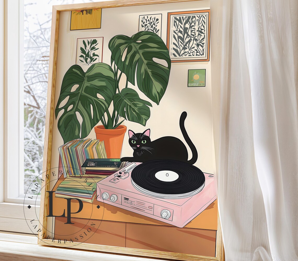 Retro Boho Black Cat Botanical Art Print - Image 2