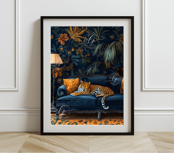 Leopard Navy Velvet Chaise Lounge Dark Floral Maximalist Wall Art