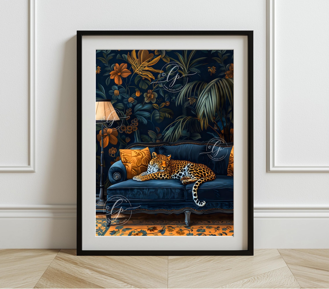 Leopard Navy Velvet Chaise Lounge Dark Floral Maximalist Wall Art
